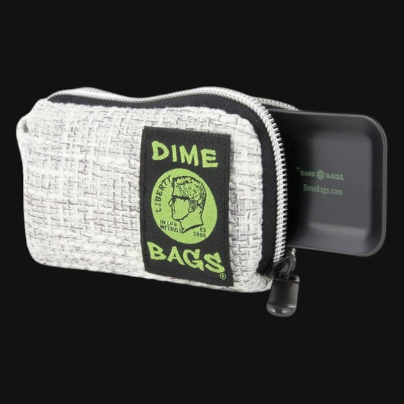 710 Pipes Smoke Shop Dime Bags 7-inch padded pouch in grey textured Hempster fabric with a green logo patch