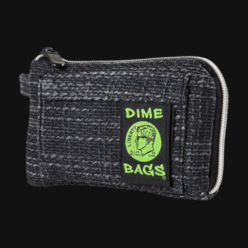 710 Pipes Smoke Shop Dime Bags 7-inch padded pouch in black Hempster fabric with a green logo patch and zipper.