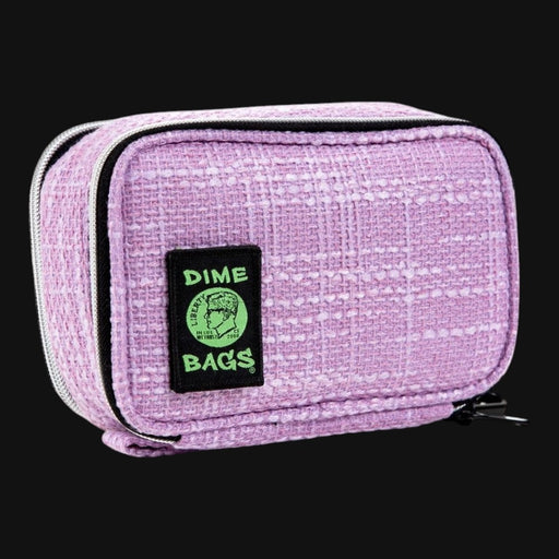 710 Pipes Smoke Shop Dime Bags Pod 7 inch travel case in purple textured fabric with a green logo patch
