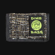 710 Pipes Smoke Shop Dime Bags tri-fold wallet in a textured black and grey hempster fabric with a neon green logo.