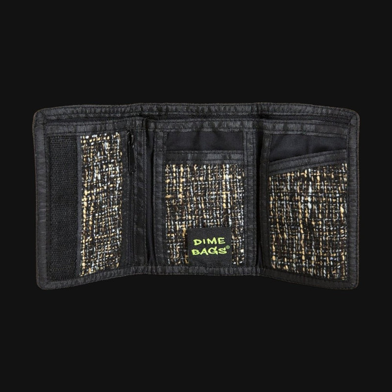 710 Pipes Smoke Shop Dime Bags tri-fold wallet in black Hempster fabric with internal card slots and velcro closure
