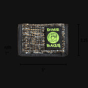 710 Pipes Smoke Shop Dime Bags tri-fold wallet in textured black and grey Hempster fabric with a green logo patch.