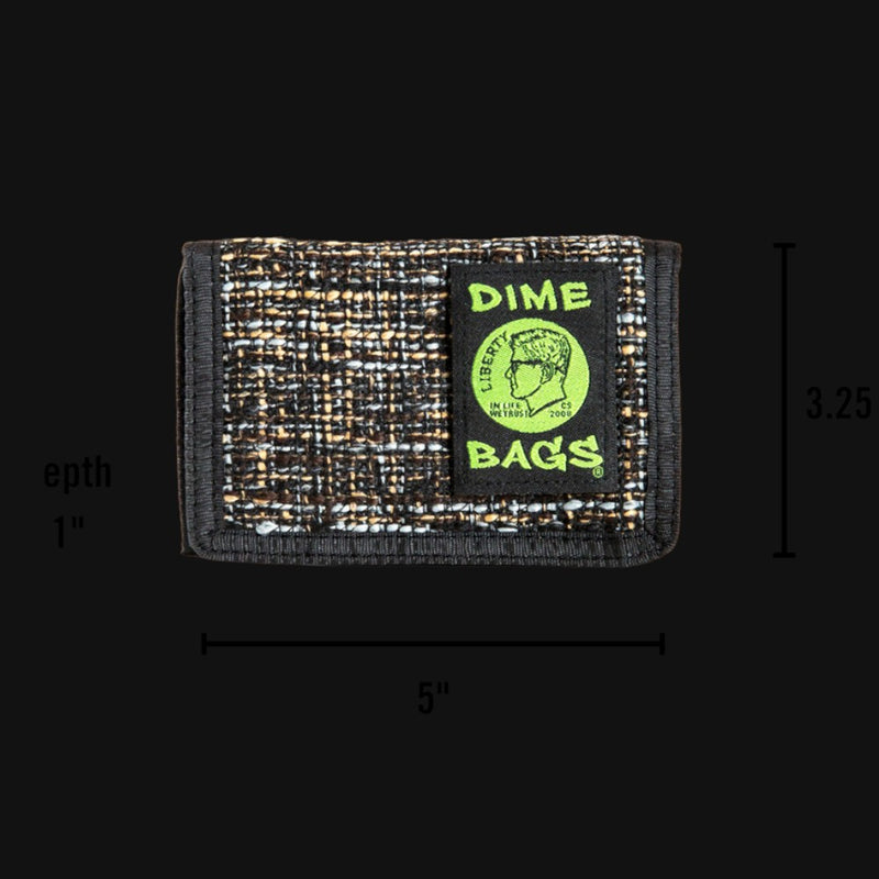 710 Pipes Smoke Shop Dime Bags tri-fold wallet in textured black and grey Hempster fabric with a green logo patch.