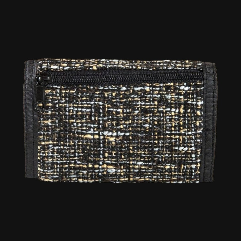710 Pipes Smoke Shop Dime Bags tri-fold wallet in textured black and gold Hempster fabric with an external zipper.