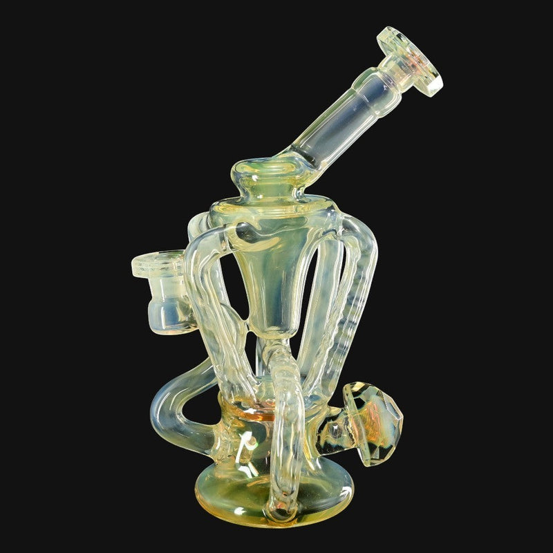 710 Pipes Smoke Shop Doom Glass faceted recycler rig with quad up-take and wishbone drain in fumed glass.