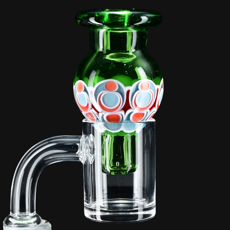 710 Pipes Smoke Shop R.L.Dots Dotstack bubble cap with green glass and intricate red and blue dot pattern
