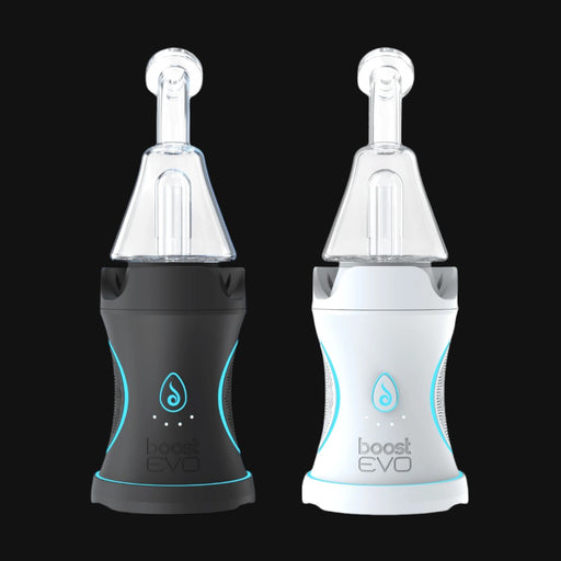 710 Pipes Smoke Shop Dr. Dabber Boost Evo concentrate vaporizers in black and white with glass attachments.