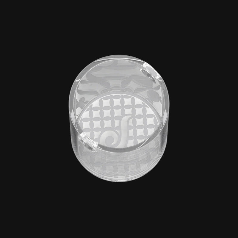 Clear quartz insert for Dr. Dabber Switch 2 with etched geometric pattern.