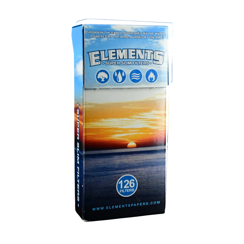 Elements Super Slim Pinner Tips box sold by 710 Pipes Smoke Shop featuring a sunset ocean graphic and 126 filters.