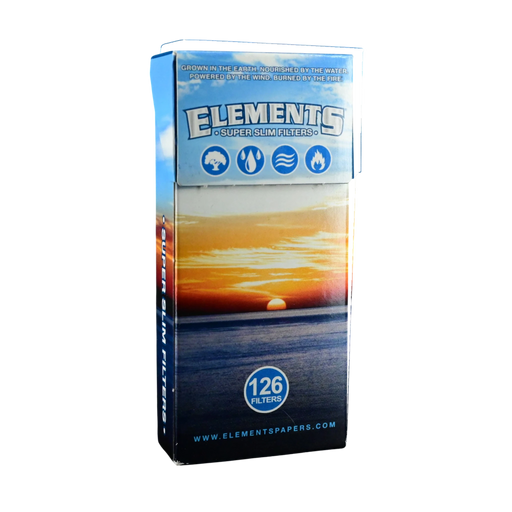 Elements Super Slim Pinner Tips box sold by 710 Pipes Smoke Shop featuring a sunset ocean graphic and 126 filters.