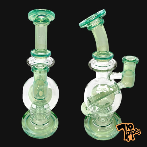 710 Pipes Smoke Shop Fat Boy Glass Ball Rig (Titan) with seed of life percolator, 9 inches tall, 14mm joint, and green accents.