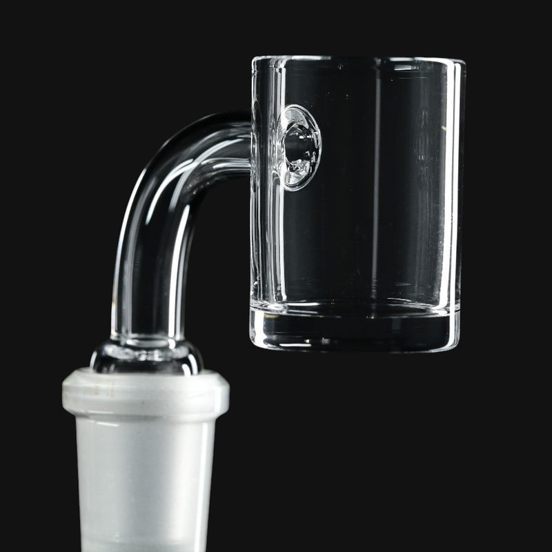 710 Pipes Smoke Shop clear flat-top quartz banger for dabbing with a thick glass joint on a black background.