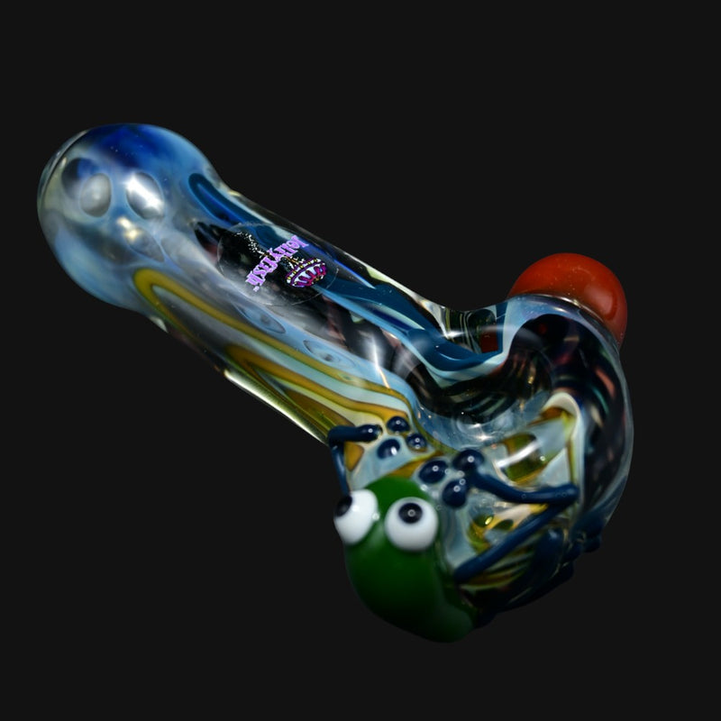 710 Pipes Smoke Shop Jellyfish Glass Animal League frog spoon pipe with blue and yellow swirl patterns