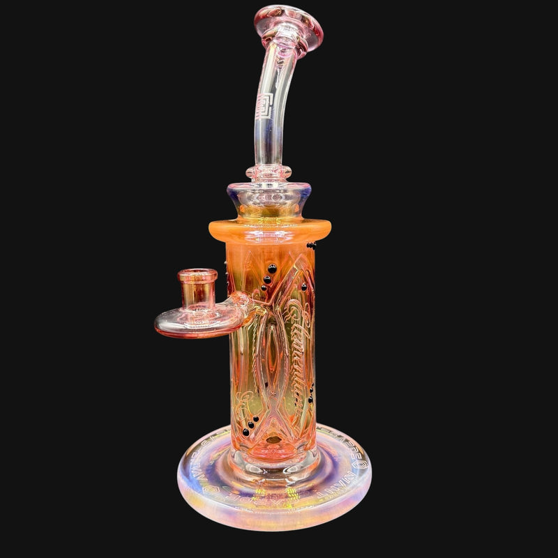 710 Pipes Smoke Shop Avant-Garde Fumed Elementum Columnar rig with black accent dots, 11-inch tall, clear borosilicate glass with fumed finish.