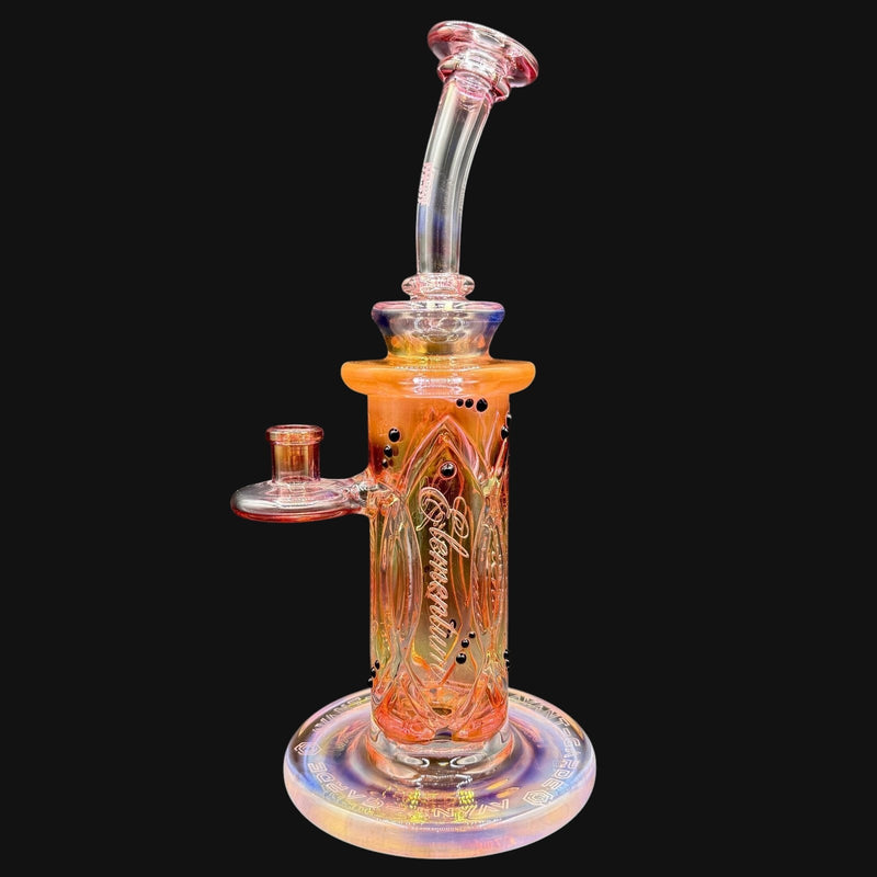 710 Pipes Smoke Shop Avant-Garde Fumed Elementum Columnar rig with black accent dots, 11-inch tall, orange and pink glass with fumed finish.