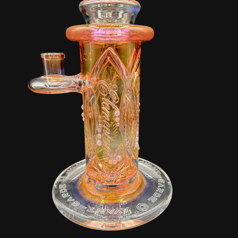 710 Pipes Smoke Shop Avant-Garde Fumed Elementum Columnar rig with pink accent dots, 11-inch tall, borosilicate glass with Membrane Tech and 8-hole percolator.