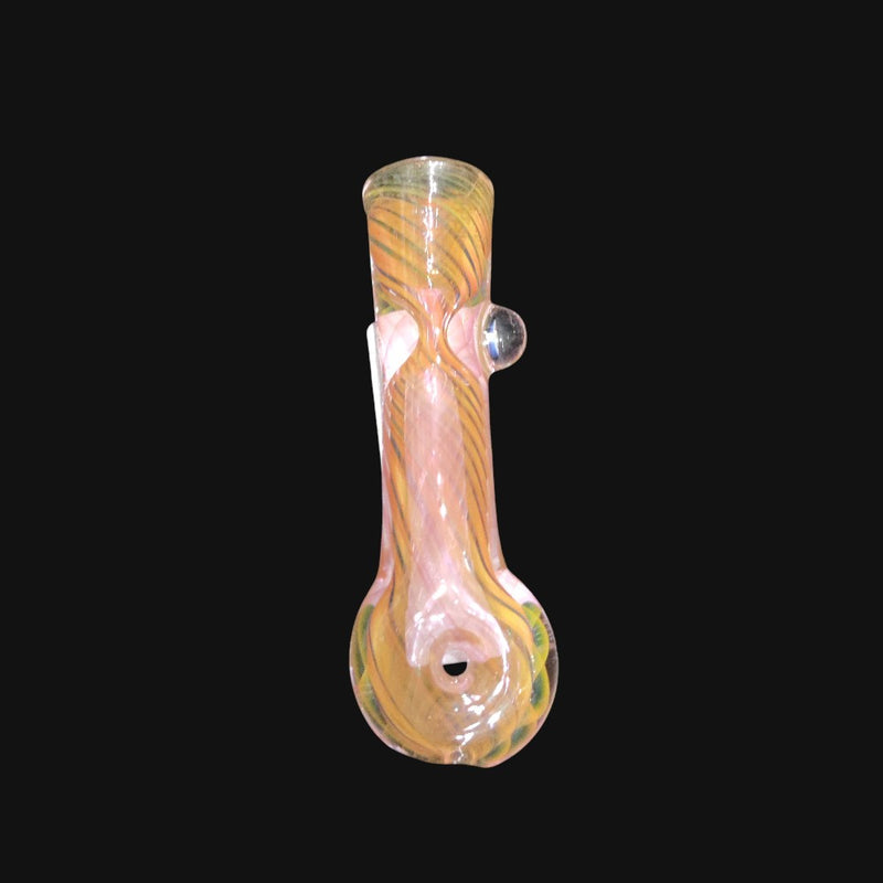 710 Pipes Smoke Shop post fumed glass chillum pipe with swirling amber and pink patterns on a black background