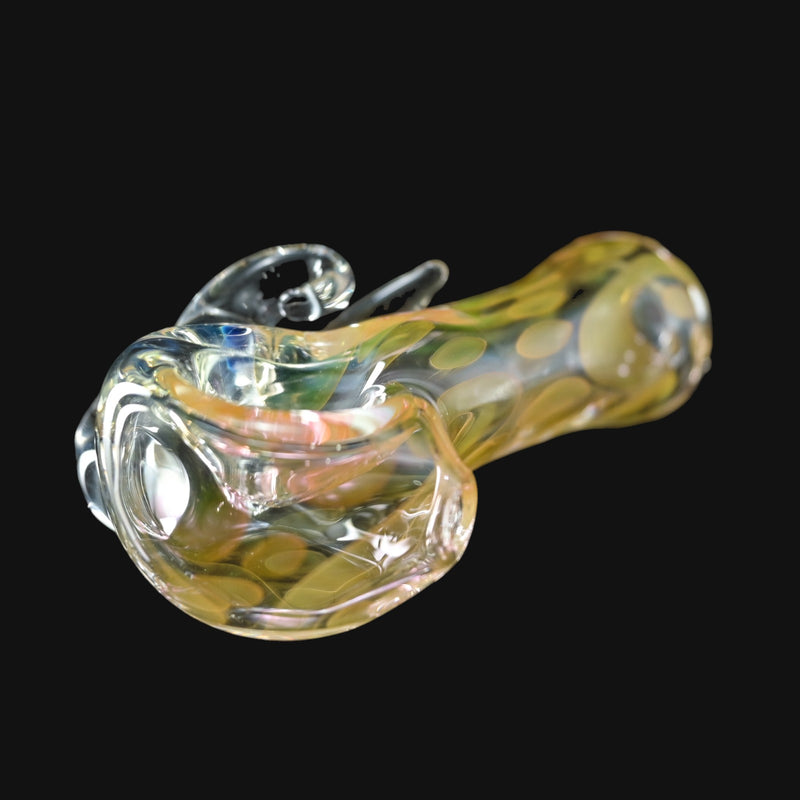 710 Pipes Smoke Shop Trippy Meat fumed glass pipe with yellow and green swirl pattern and clear accents.