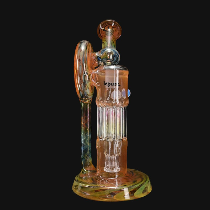 710 Pipes Smoke Shop Leisure fumed glass recycler dab rig with a pillar disc percolator and swirling iridescent colors.