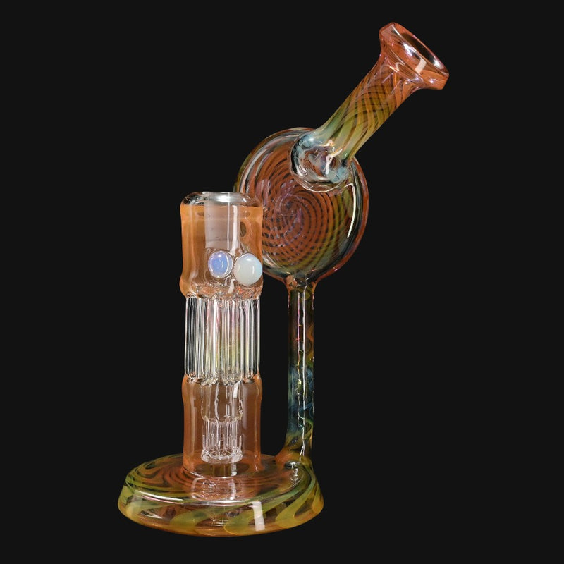 710 Pipes Smoke Shop fumed glass pillar disc recycler dab rig with intricate spiral patterns and opal accents