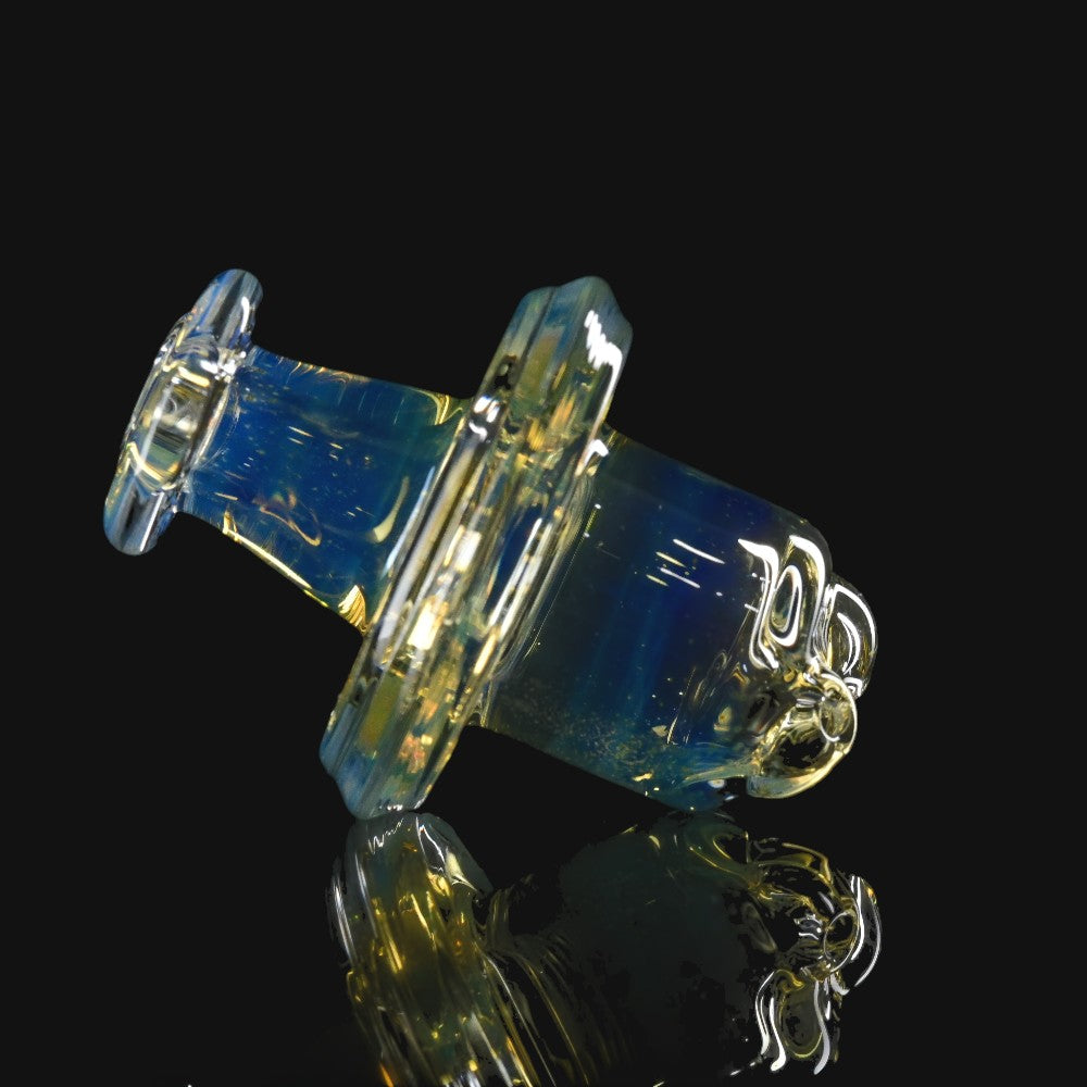 710 Pipes Smoke Shop fumed glass Restricted Switch 2 spinner cap with blue and gold iridescent finish.