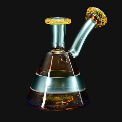 710 Pipes Smoke Shop Gatez Glass Dual Color Gem Dry Piece with amber and teal accents and yellow mouthpiece.
