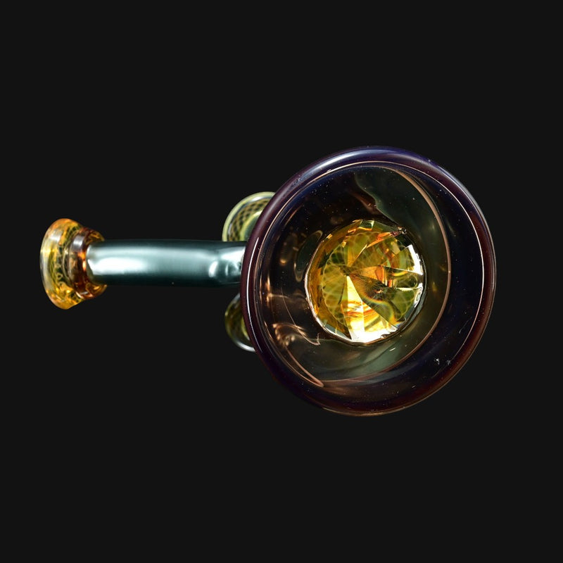 710 Pipes Smoke Shop Gatez Glass Dual Color Gem Dry Piece with a faceted yellow gem and iridescent purple bowl.