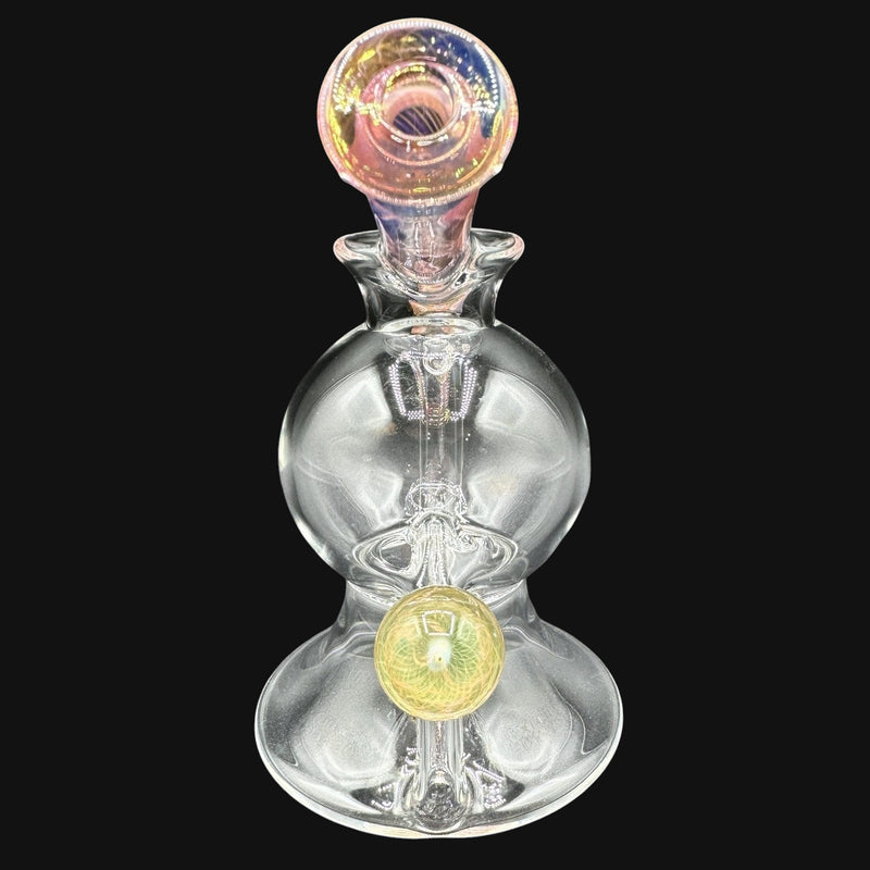 710 Pipes Smoke Shop AF Accented Geyser Rig, 6-inch clear glass rig with 10mm joint and yellow accent marble.