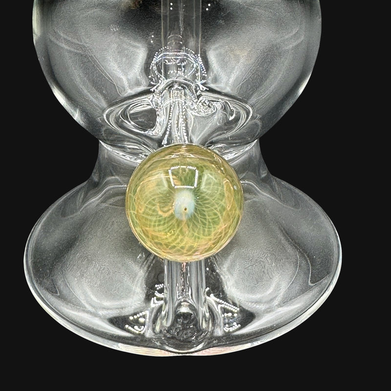710 Pipes Smoke Shop AF Accented Geyser Rig, 6 inches tall, 10mm joint, clear glass with yellow-green accent marble.