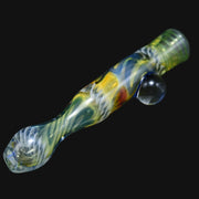 710 Pipes Smoke Shop Matty White Carnival glass one hitter pipe featuring swirling yellow, blue, and white patterns.
