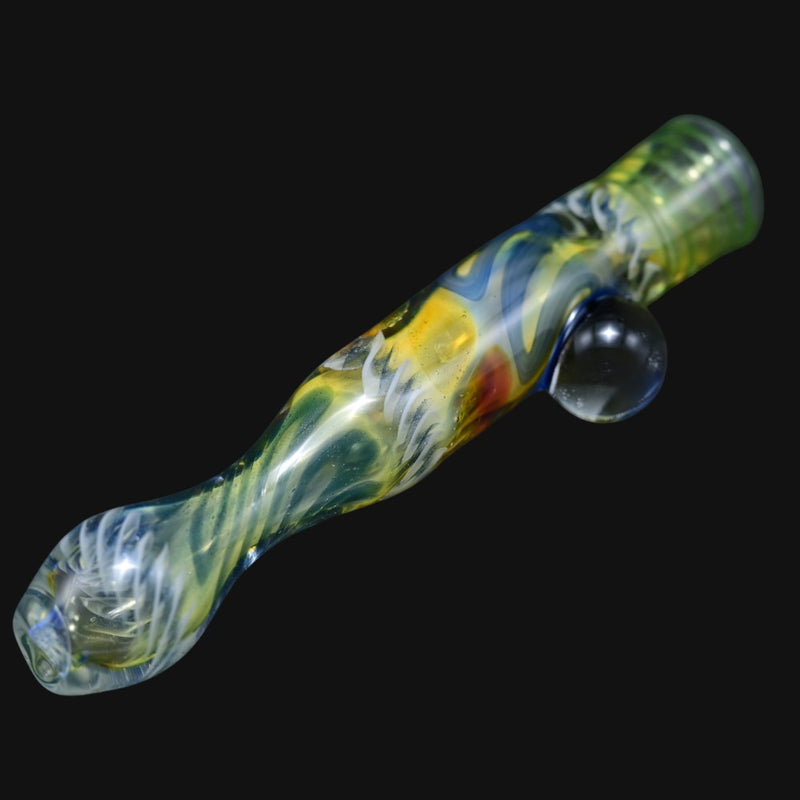 710 Pipes Smoke Shop Matty White Carnival glass one hitter pipe featuring swirling yellow, blue, and white patterns.