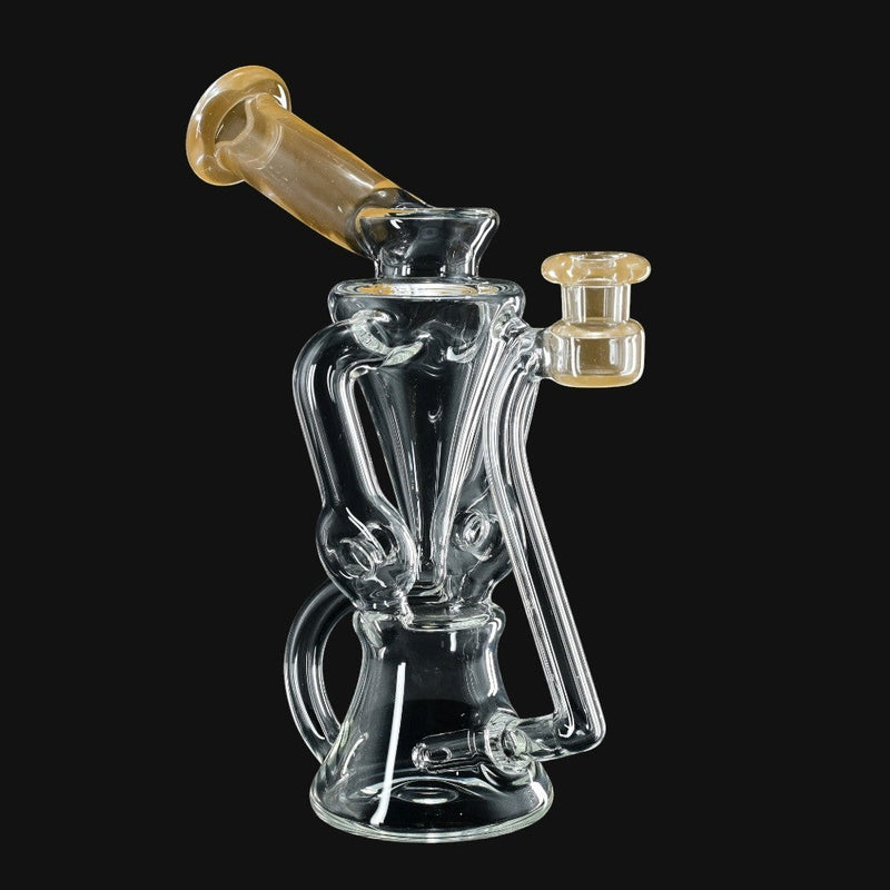 710 Pipes Smoke Shop clear borosilicate glass recycler water pipe with ornage accents and angled mouthpiece.