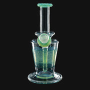 710 Pipes Smoke Shop AF Glassworks Accented Flask Rig, clear glass with green accents and intricate internal detailing.