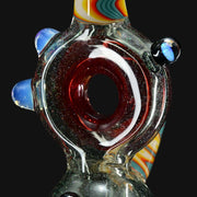 710 Pipes Smoke Shop glass rig with red chamber, blue opals, and rainbow accents. Features glitter flecks and a removable downstem.