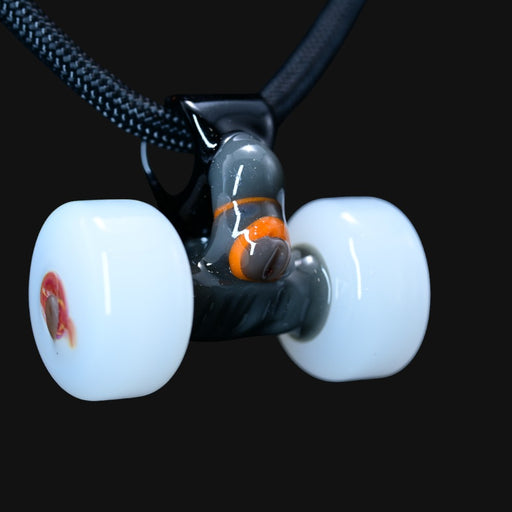 710 Pipes Smoke Shop Burning Bush glass skateboard truck pendant with white wheels and black cord necklace