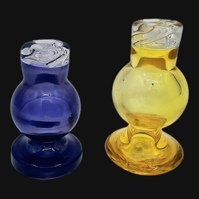 710 Pipes Smoke Shop KJ Custom glass spinner caps in blue and yellow with swirling clear glass tops
