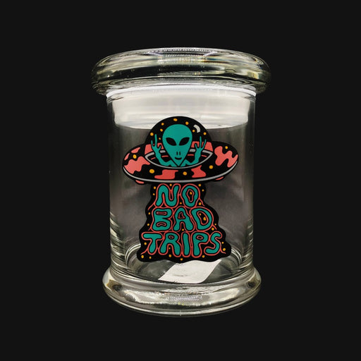 710 Pipes Smoke Shop glass stash jar with No Bad Trips alien graphic and airtight pop top lid