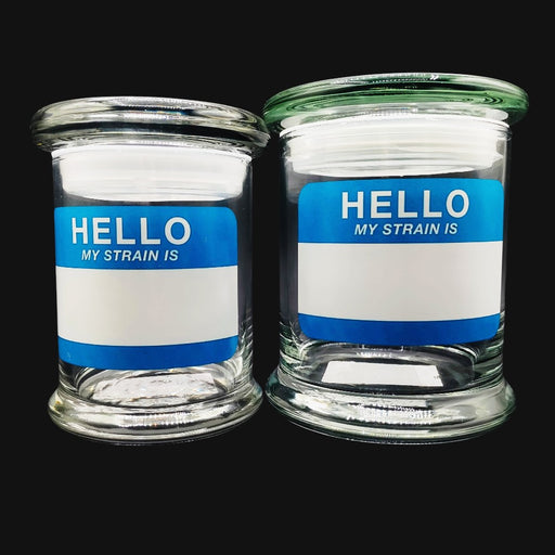 710 Pipes Smoke Shop clear glass stash jars with Hello My Strain Is write-and-erase labels and airtight pop top lids.