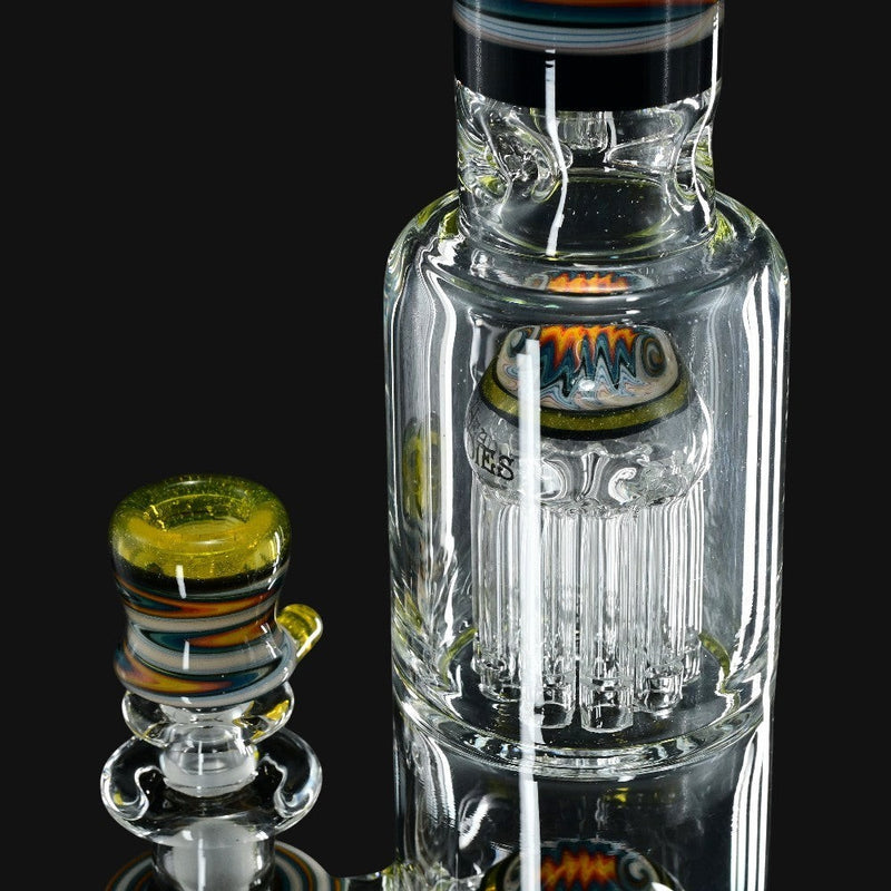 710 Pipes Smoke Shop yellow, orange, and blue wigwag glass tube with tree perc and matching bowl.