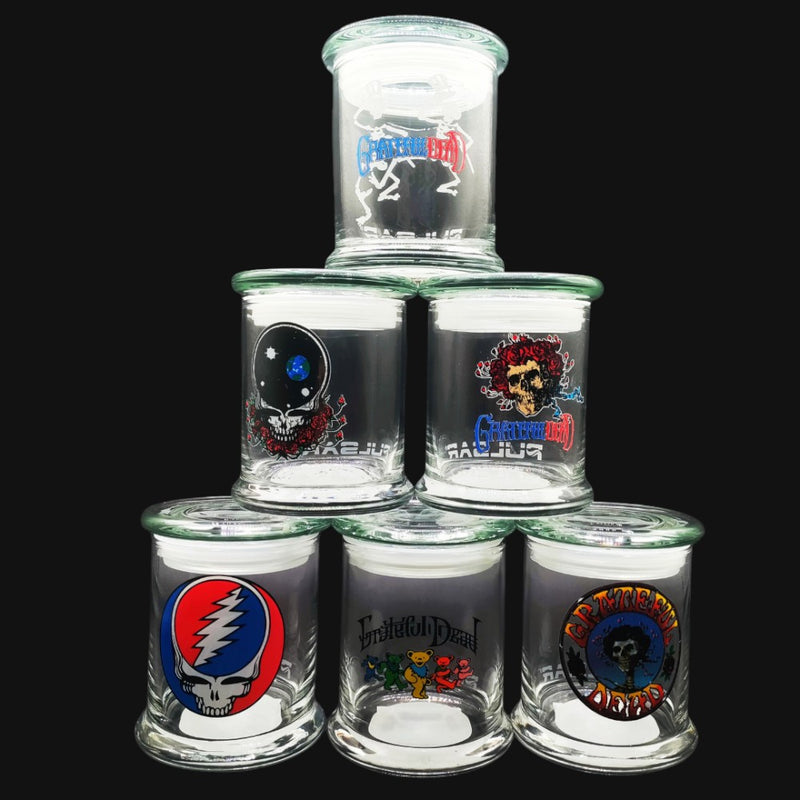 710 Pipes Smoke Shop Grateful Dead glass storage jars with iconic band logos and airtight pop top lids