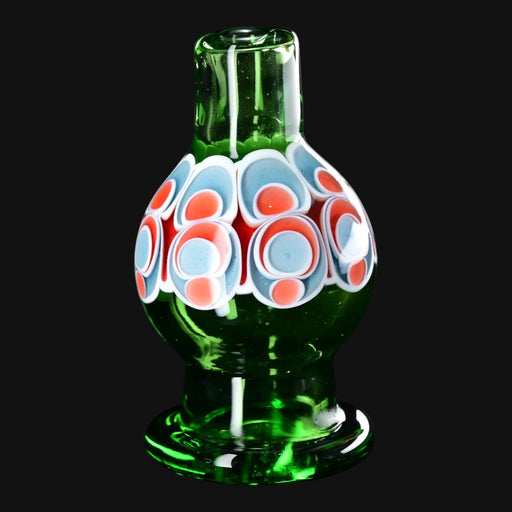 710 Pipes Smoke Shop R.L.Dots Dotstack bubble cap in green glass with intricate blue and orange circular patterns.