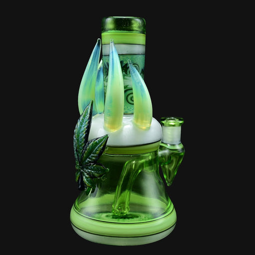 710 Pipes Smoke Shop green glass bong with iridescent leaf accent and unique horn-like protrusions.