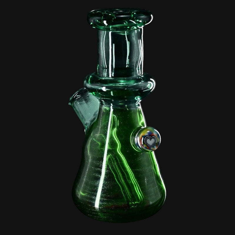 710 Pipes Smoke Shop green glass mini rig with a heart decal and 14mm joint.