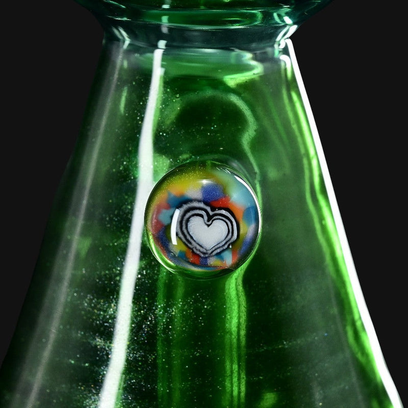 710 Pipes Smoke Shop green glass mini rig with a colorful millefiori heart design. 14mm.