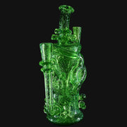 710 Pipes Smoke Shop transparent green glass recycler dab rig with gold dichro and coral-style attachments.
