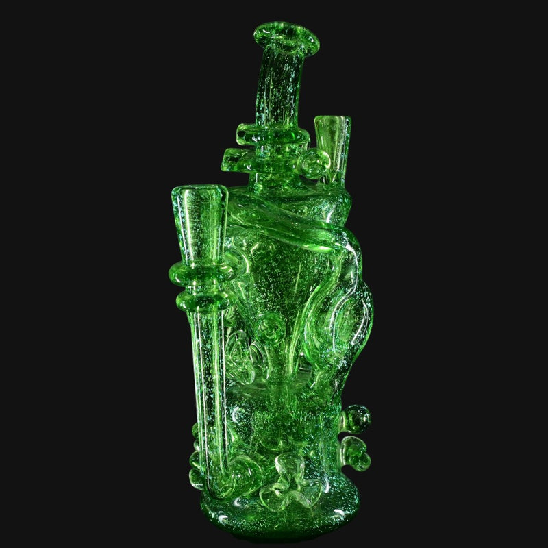 710 Pipes Smoke Shop transparent green glass recycler dab rig with gold dichro and coral-style attachments.