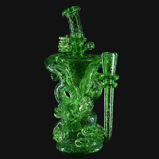 710 Pipes Smoke Shop transparent green glass recycler dab rig with gold dichro and coral-style attachments.