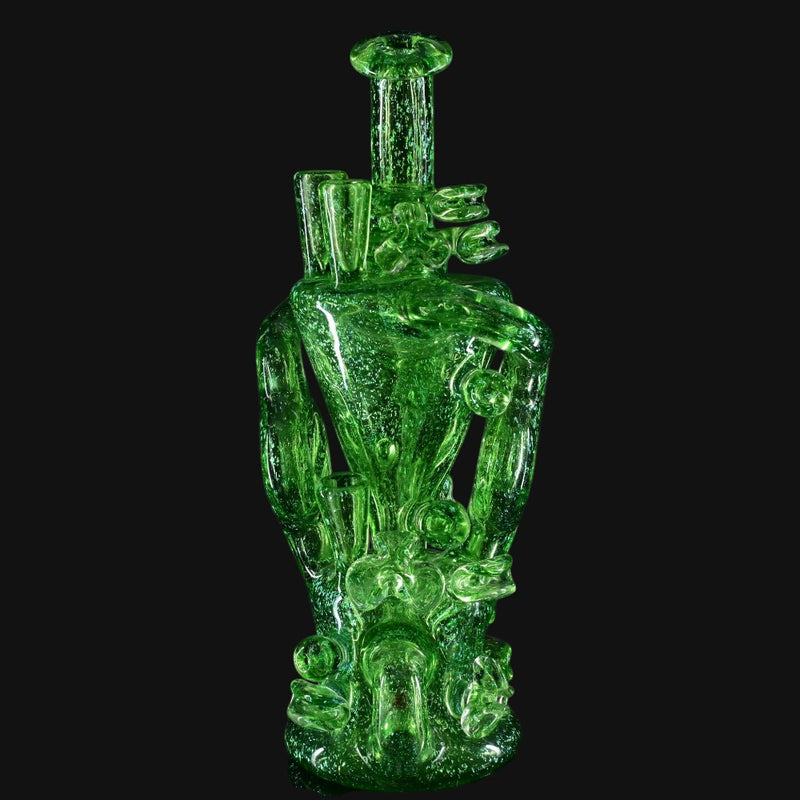 710 Pipes Smoke Shop transparent green glass recycler rig with gold dichro and coral-style attachments.