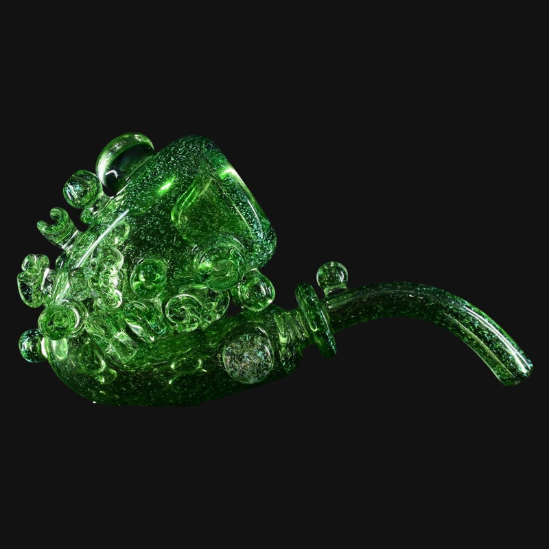 710 Pipes Smoke Shop transparent green glass Sherlock pipe with gold dichro and coral-style attachments.