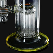 710 Pipes Smoke Shop Hedman Fully Worked Tube with yellow, orange, and blue WigWags. Features two tree perc chambers and a 14mm joint.